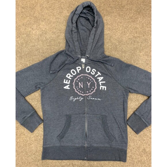 Vintage Aeropostale Hoodie Womens M NY 87 Spell-Out Logo Raglan Fleece Zip-Up - Picture 1 of 11